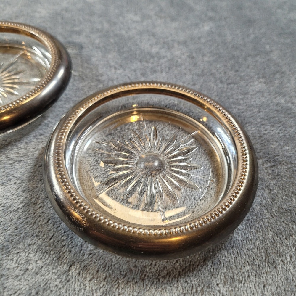 Leonard Italy Silver Plate Crystal Glass Coasters Set 4 Starburst Beaded Vintage